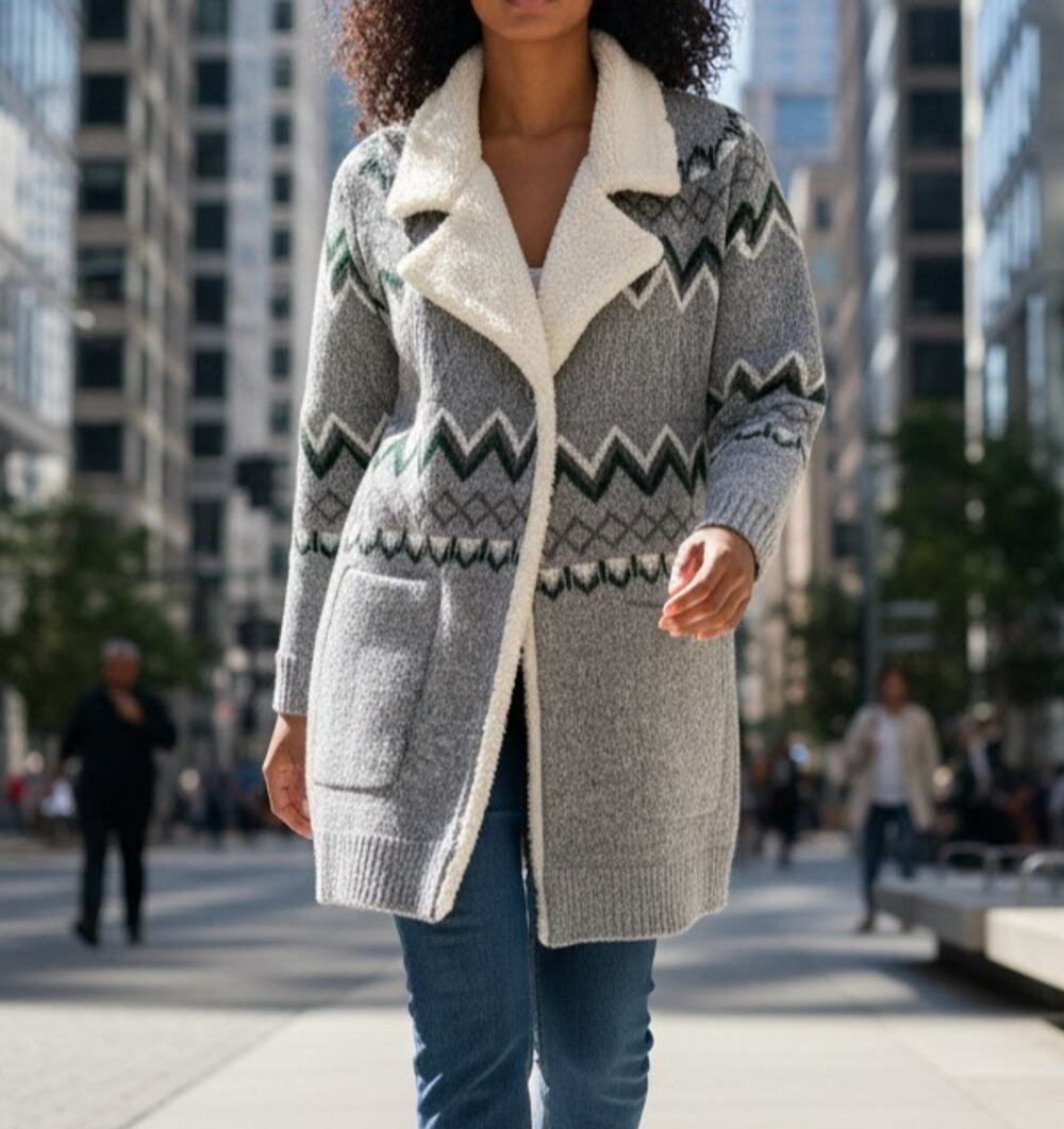 Natural Reflections Sherpa Lapel Cardigan Sweater Women's XL Southwestern Gray